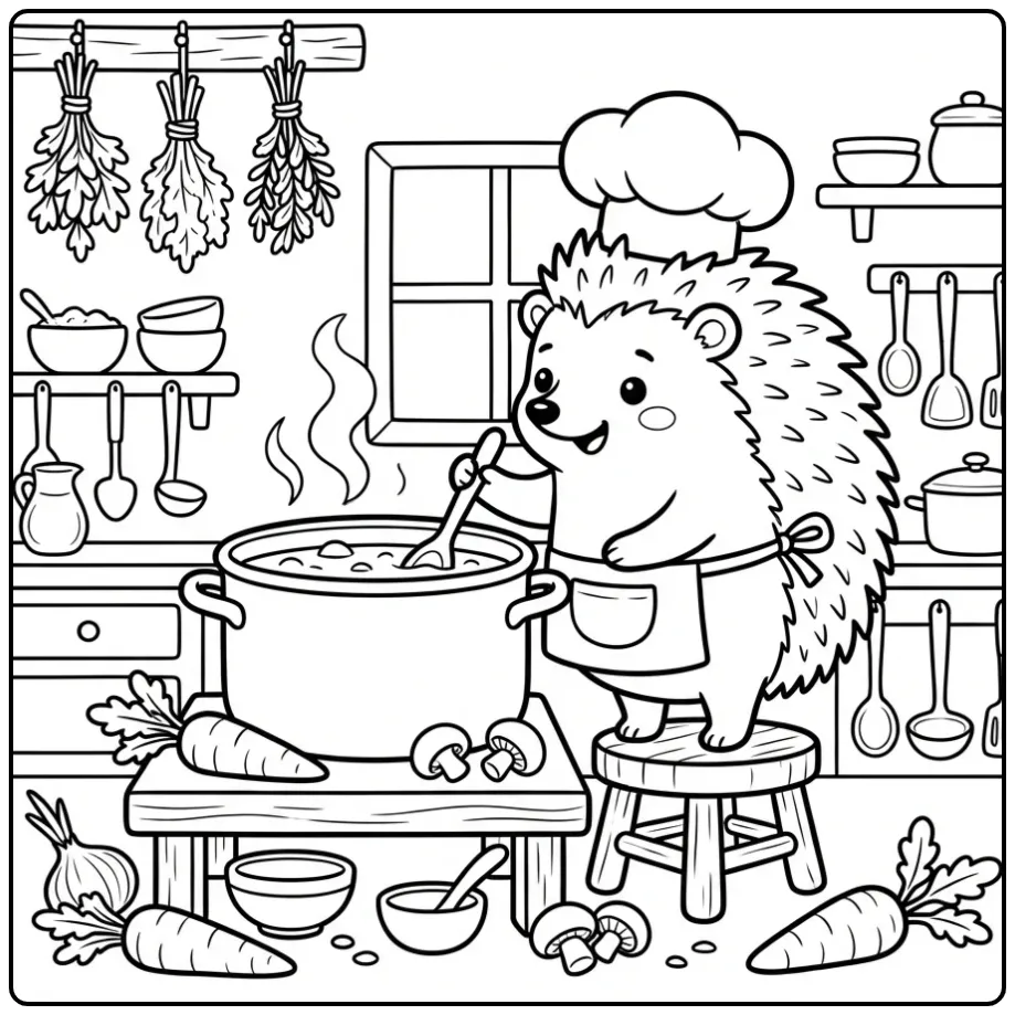 Hedgehog coloring page with a chef stirring soup