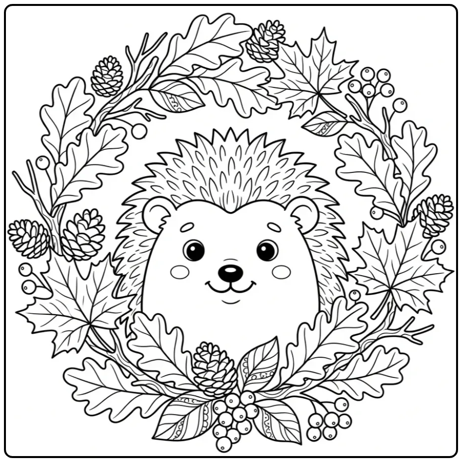 Hedgehog coloring page in a nest of autumn leaves