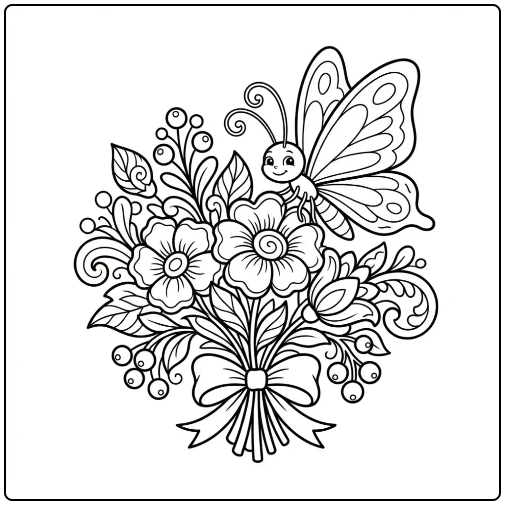 Adult butterfly coloring page with flowers and ribbon