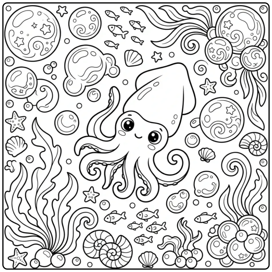 Squid coloring page with magical sea bubbles