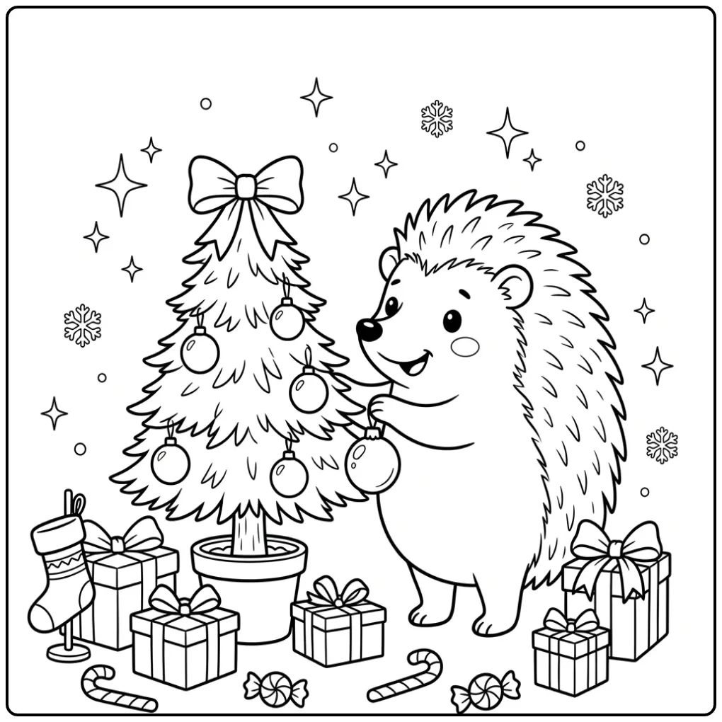 Hedgehog coloring page decorating a small Christmas tree