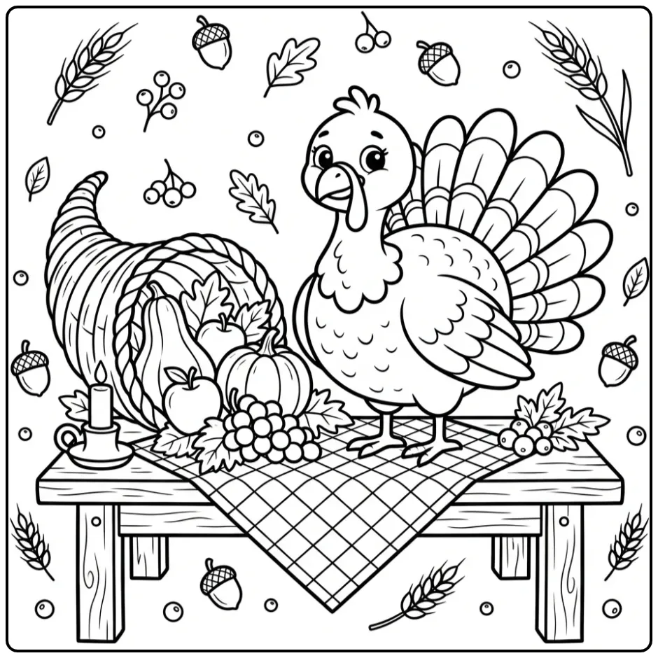 Turkey coloring page with a basket of autumn fruit