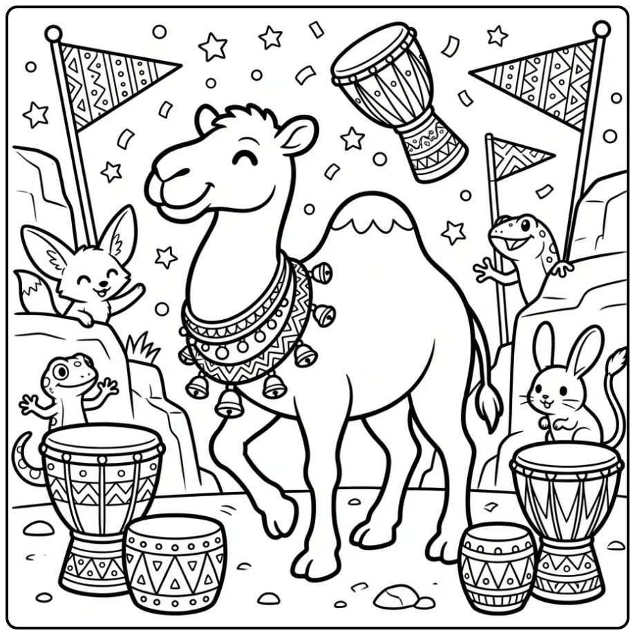 Camel coloring page with festive garlands