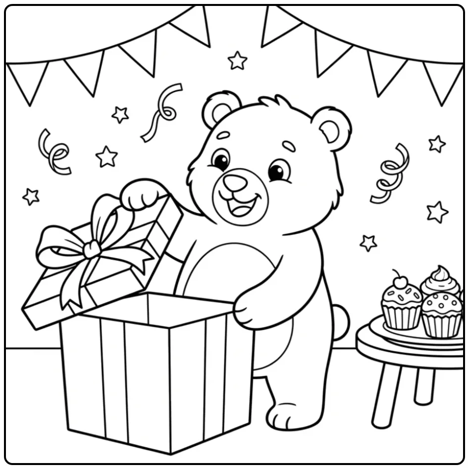 Birthday bear coloring page opening a gift