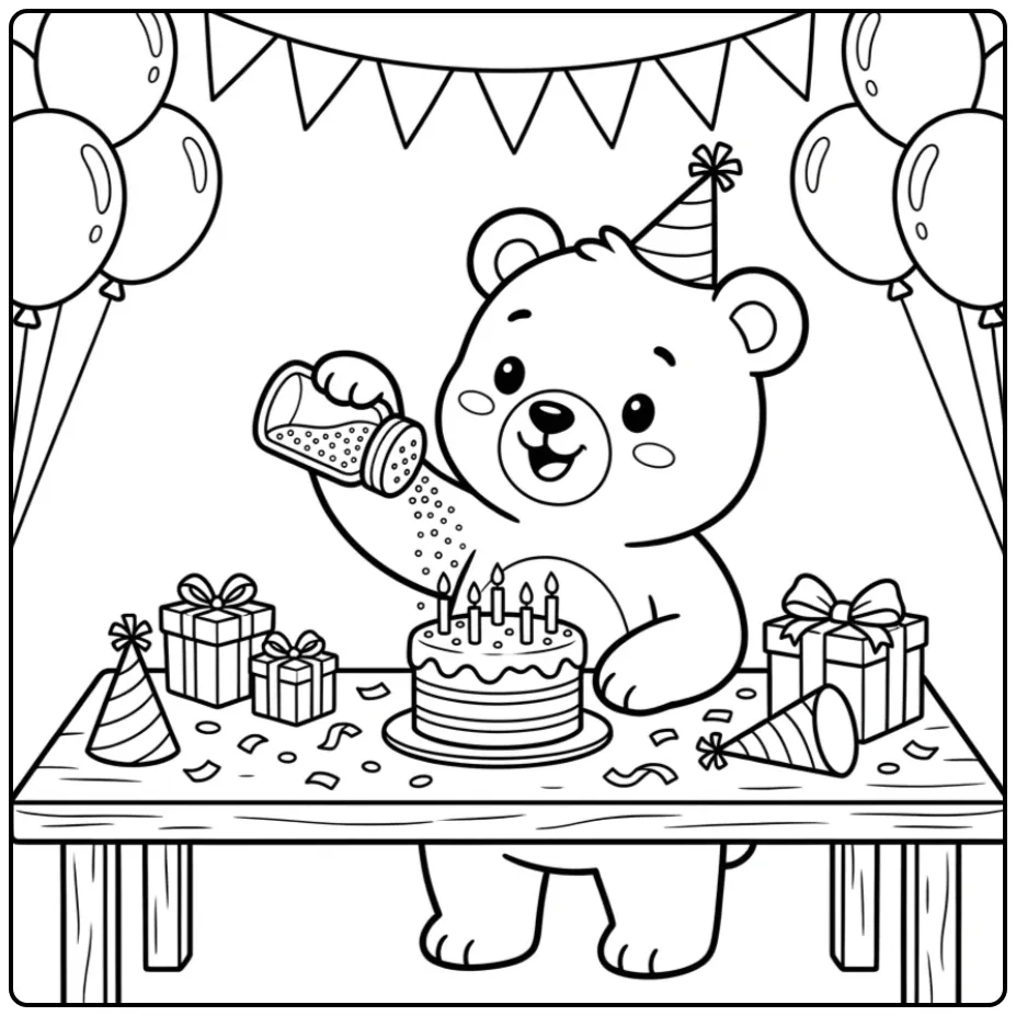 Teddy bear coloring page decorating a birthday cake