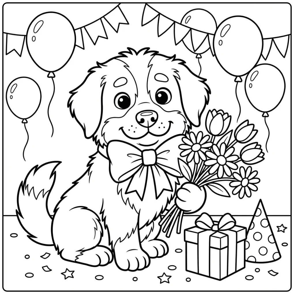 Festive Bernese Mountain Dog with Gifts coloring page