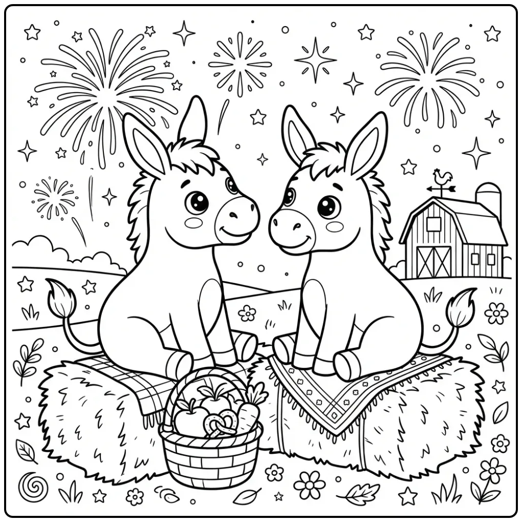 Donkey coloring page on a hay bale with fireworks