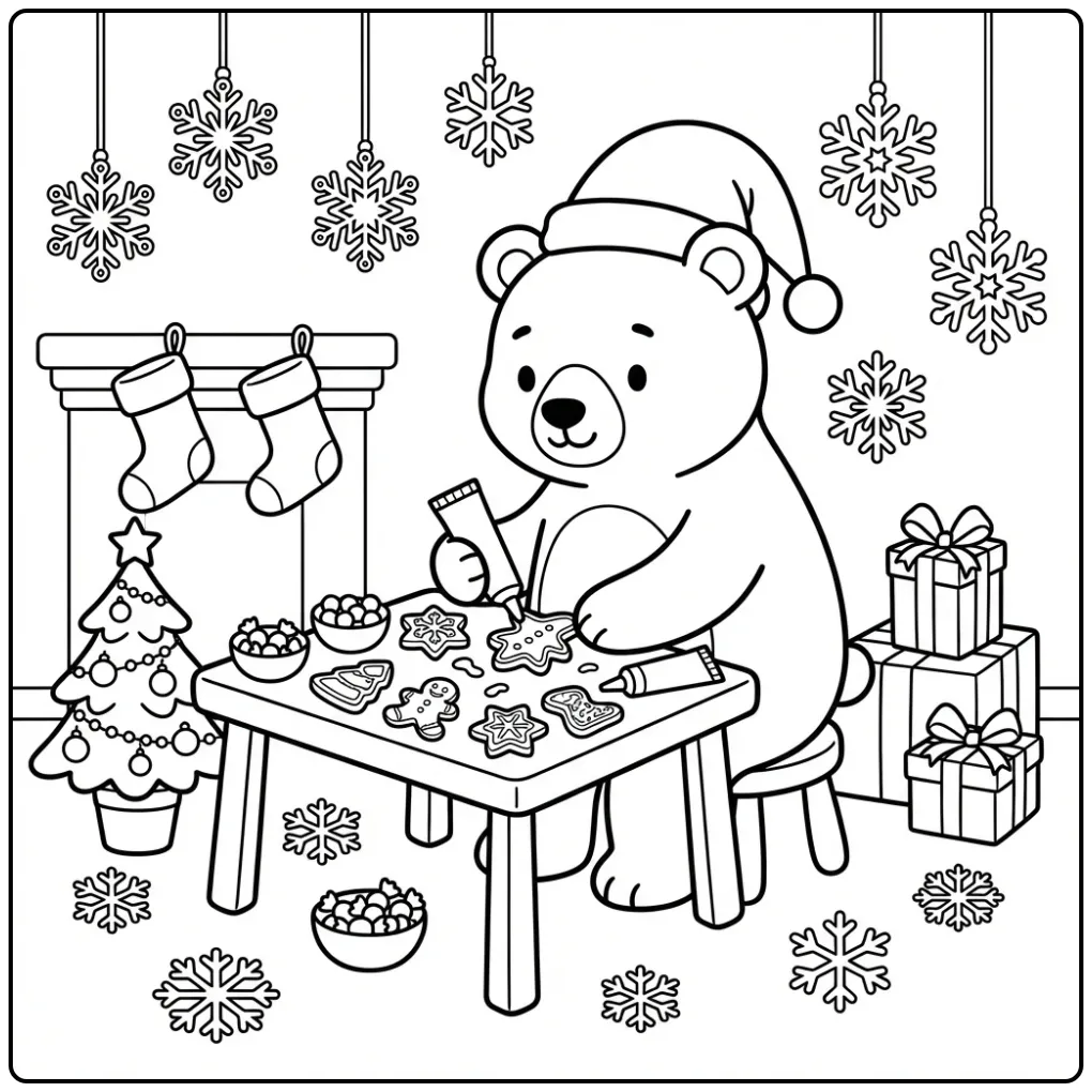Christmas bear coloring page decorating cookies at a table