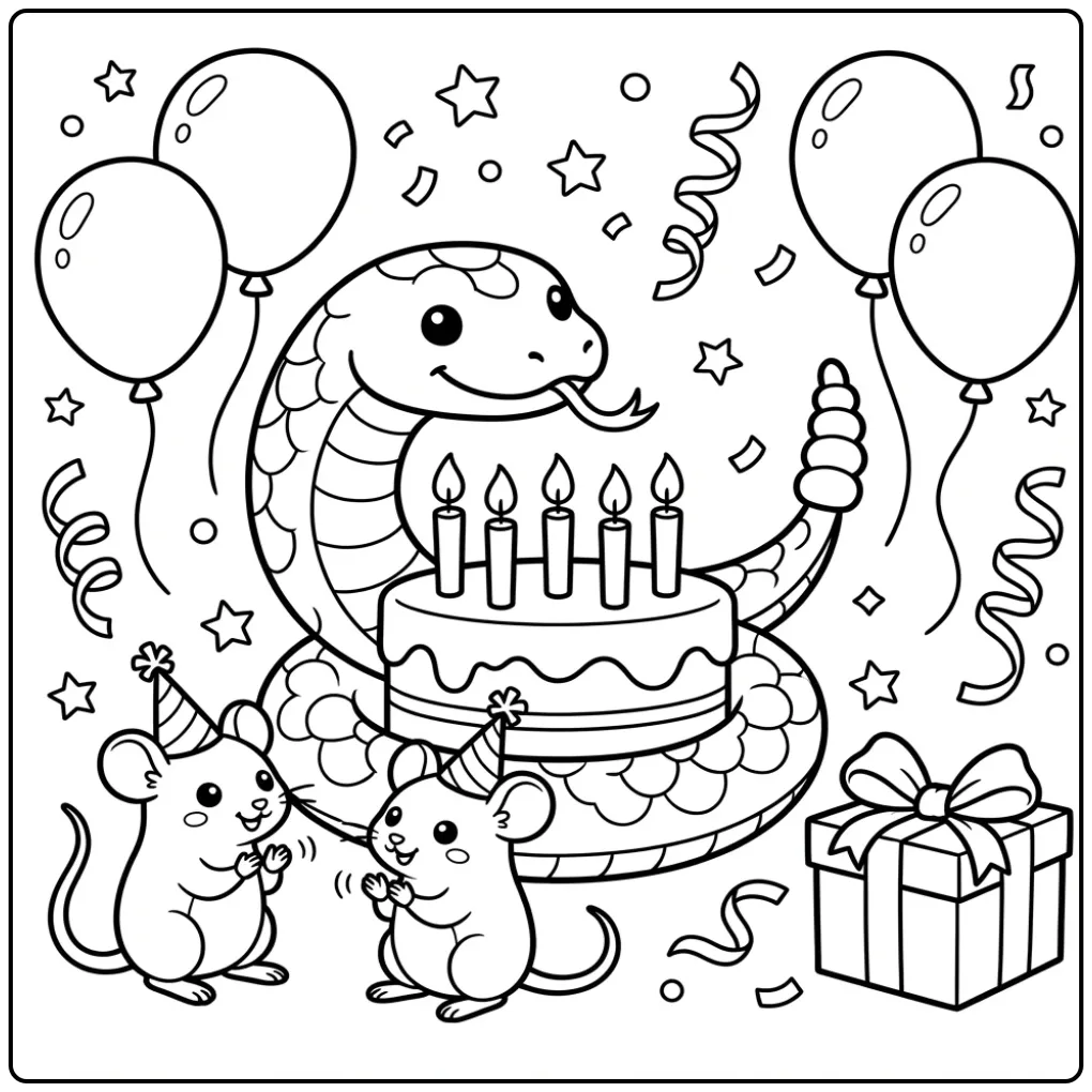 Rattlesnake coloring page with cake and mice