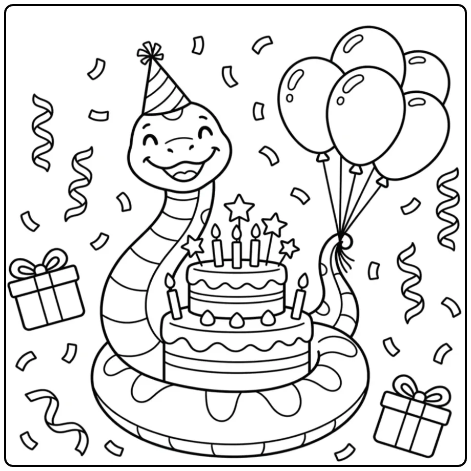 Snake coloring page featuring a birthday party with cake and balloons