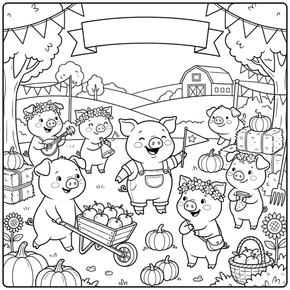 Pigs coloring page in a farm parade