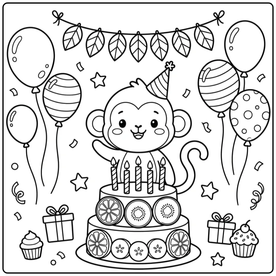 Birthday monkey coloring page with cake and balloons