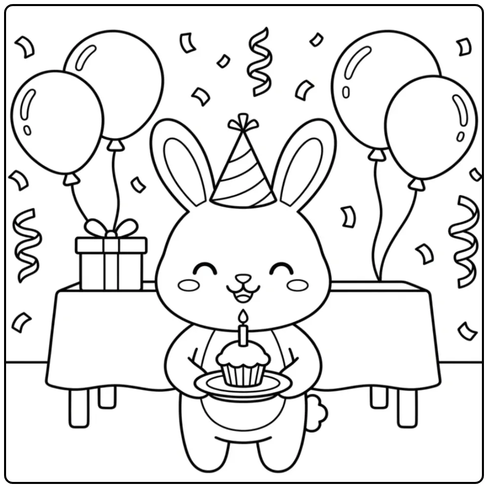 Birthday rabbit coloring page with cake and balloons