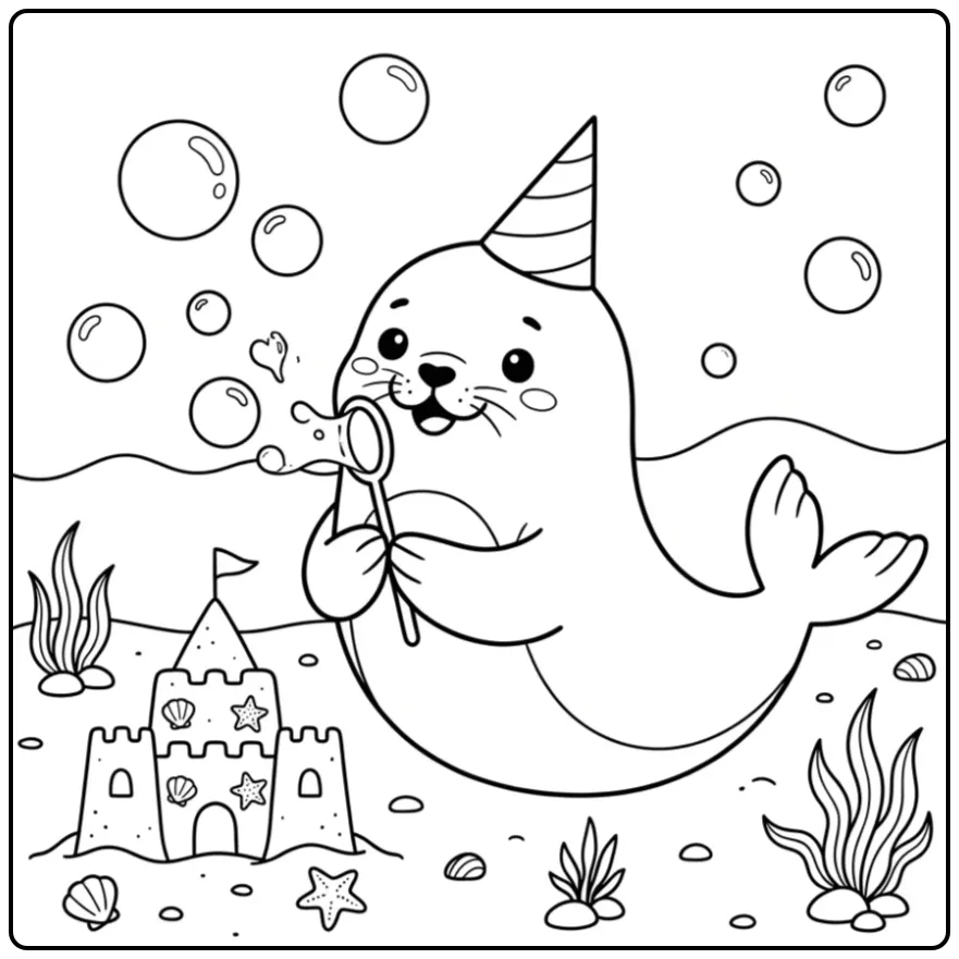 Seal coloring page featuring a party seal