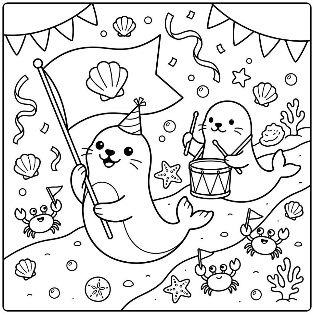 Seal coloring page showing a parade of seals
