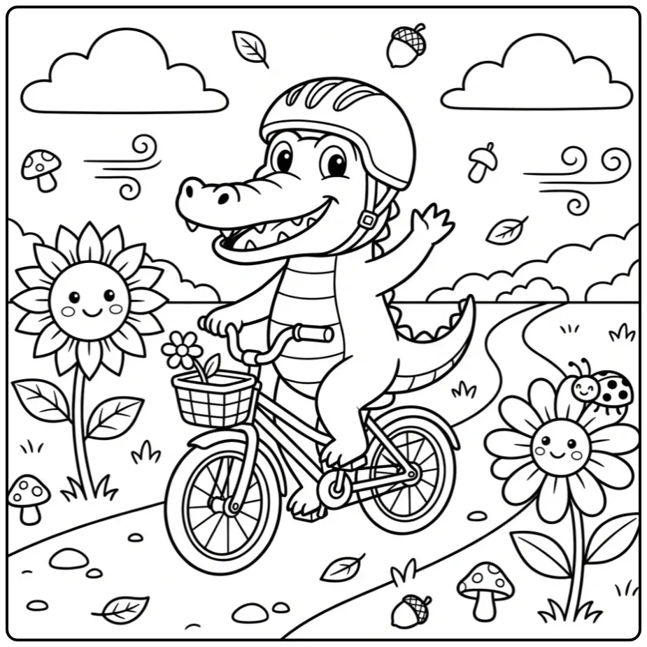 Easy crocodile coloring page showing a crocodile on a bicycle