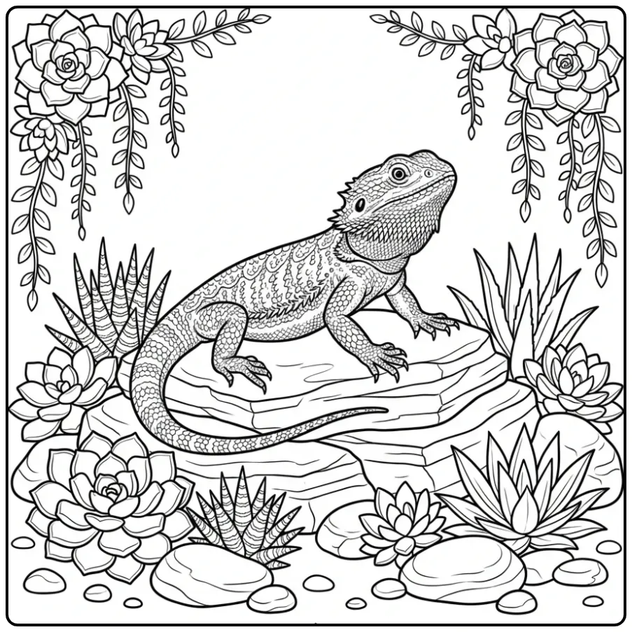 Realistic bearded dragon coloring page with leaves