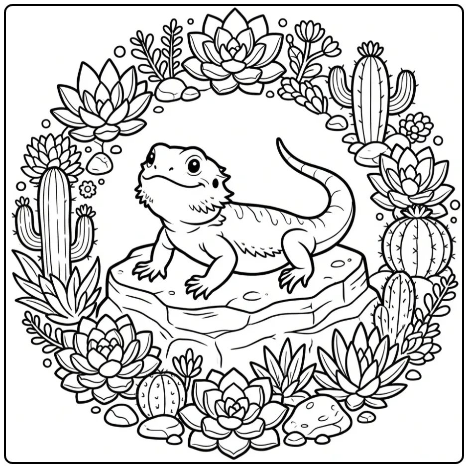 Detailed bearded dragon coloring page with desert plants
