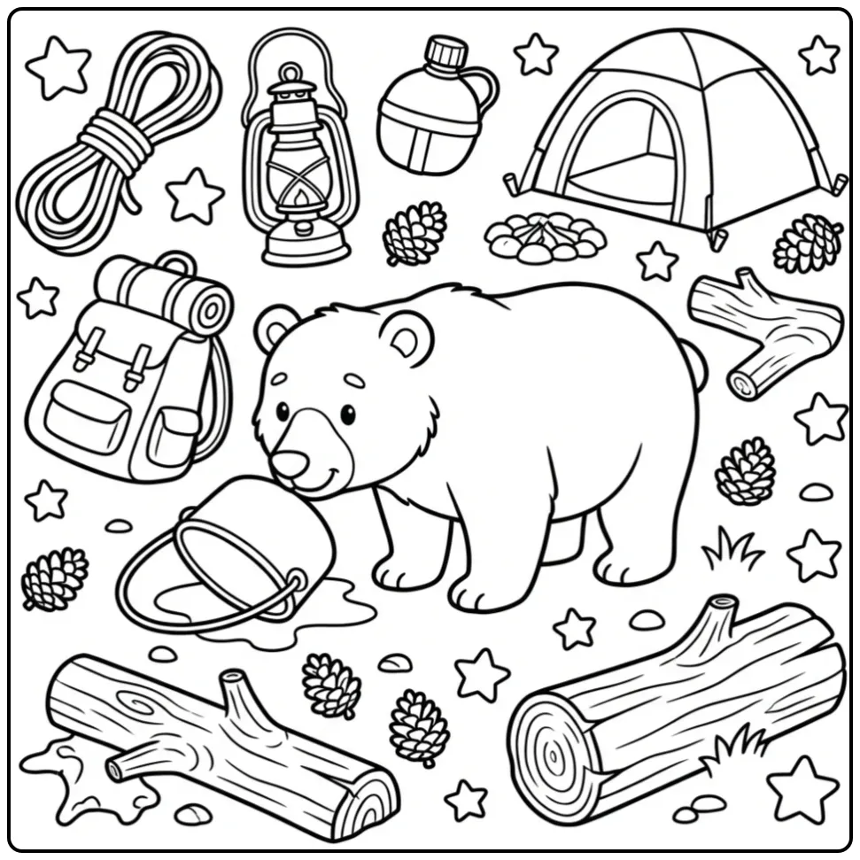 Difficult bear coloring page with many campsite details