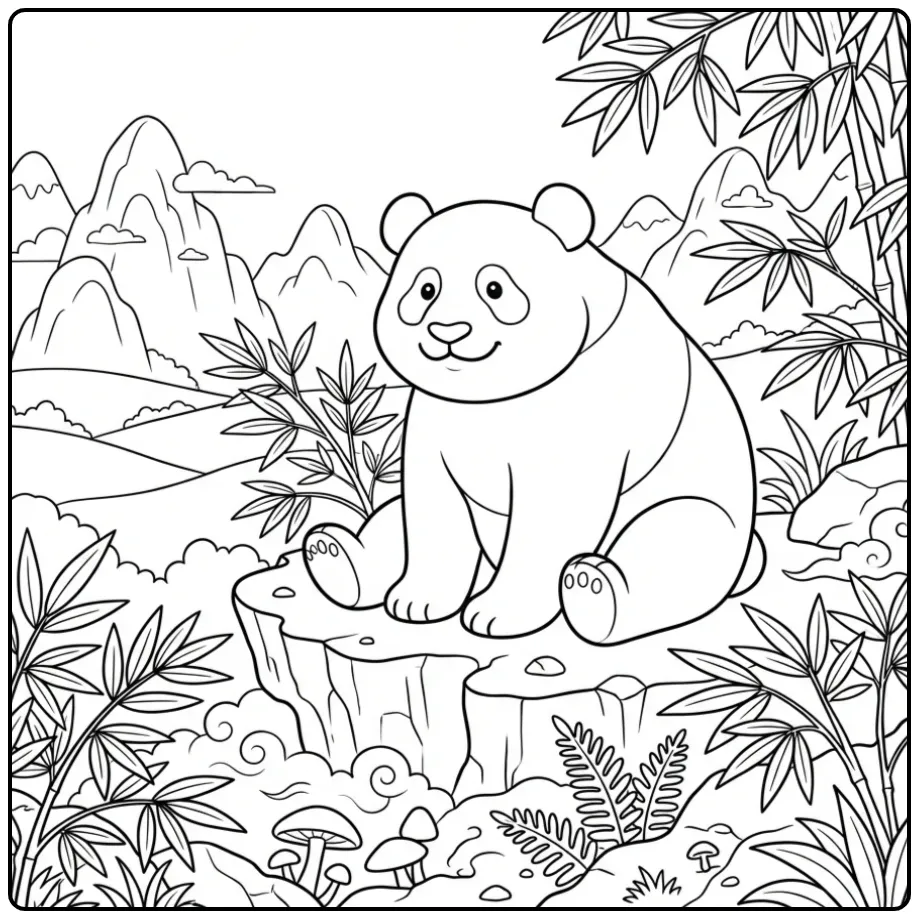 Adult panda coloring page with a heart and bamboo leaves