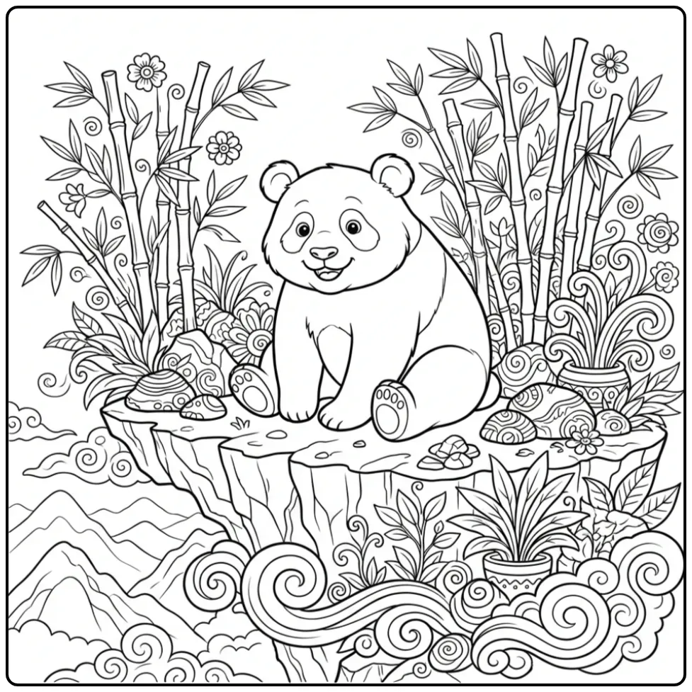 Difficult panda coloring page on a rock