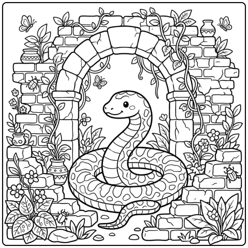 Advanced snake coloring page featuring a snake around ruins