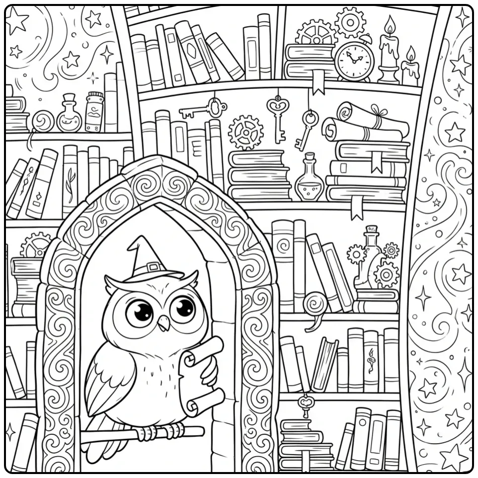 Difficult owl coloring page in a detailed magic library