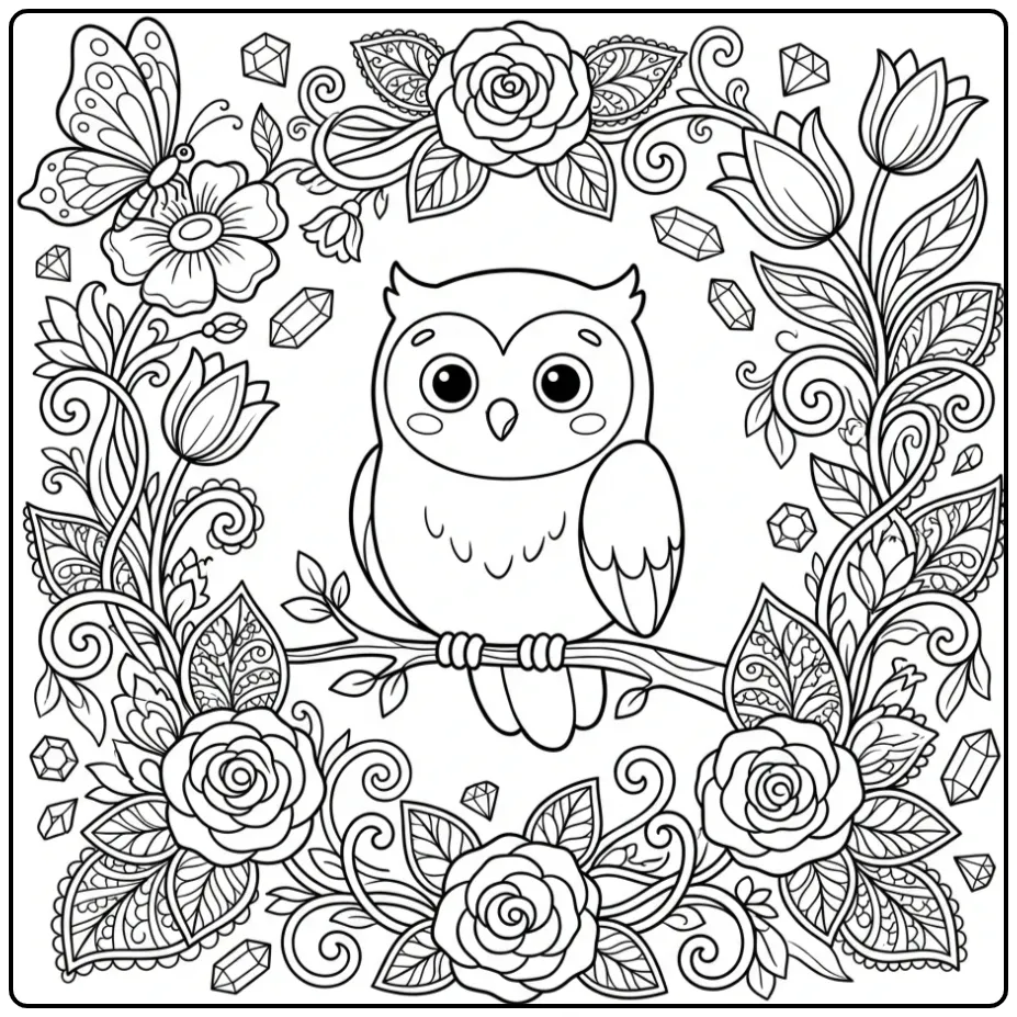 Adult owl coloring page with flowers, leaves, and a butterfly