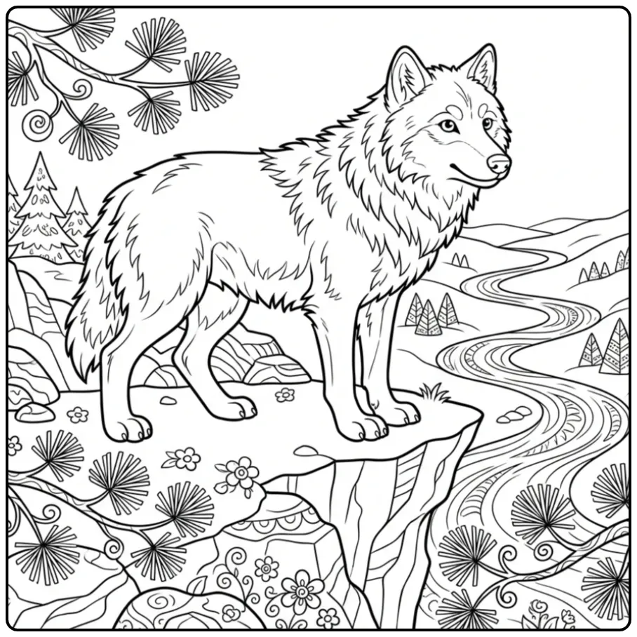 Hard wolf coloring page showing a wolf on a cliff