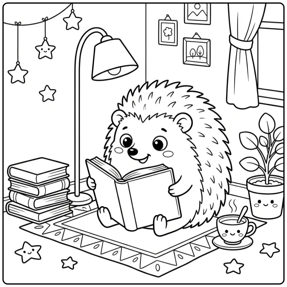 Hedgehog coloring page reading with books by a lamp