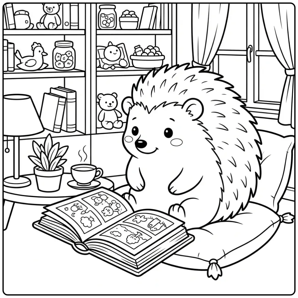 Hedgehog coloring page reading in a cozy corner