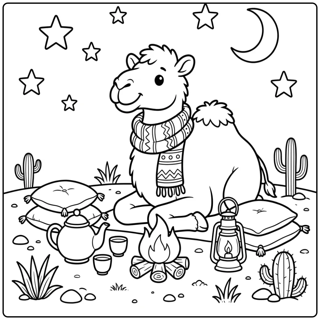 Camel coloring page with a scarf and teapot in the desert