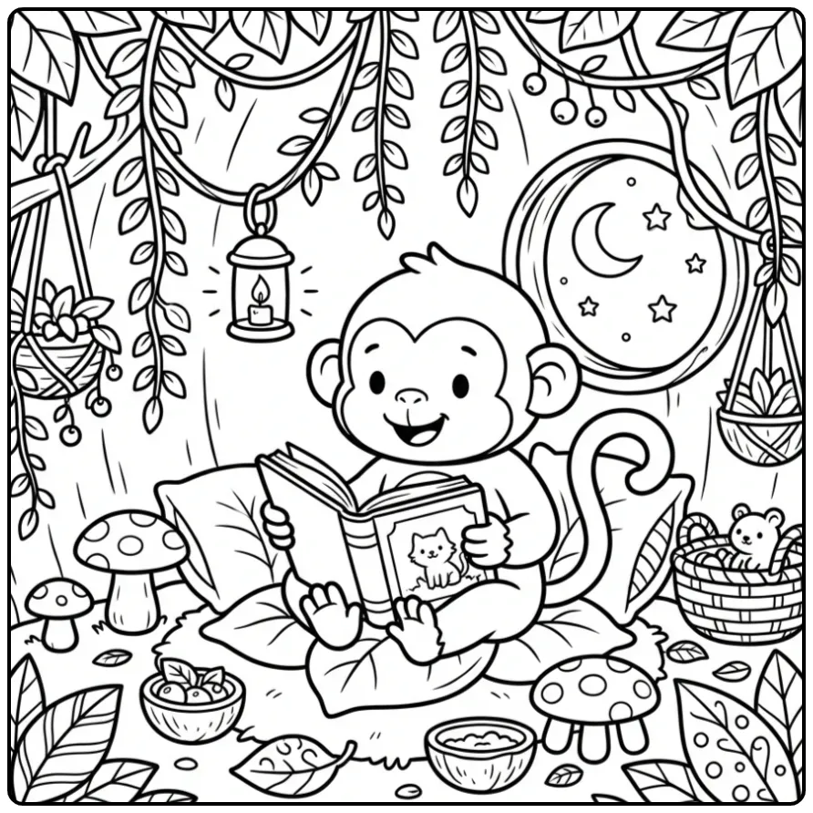 Monkey coloring page reading a book in a treehouse