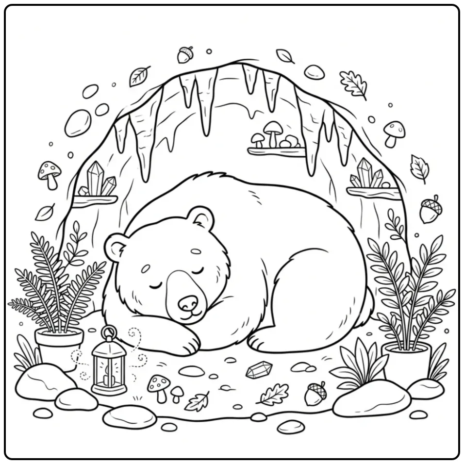 Sleeping bear coloring page in a cozy cave