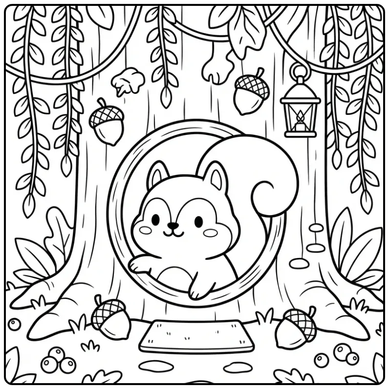 Squirrel coloring page looking out from a treehouse