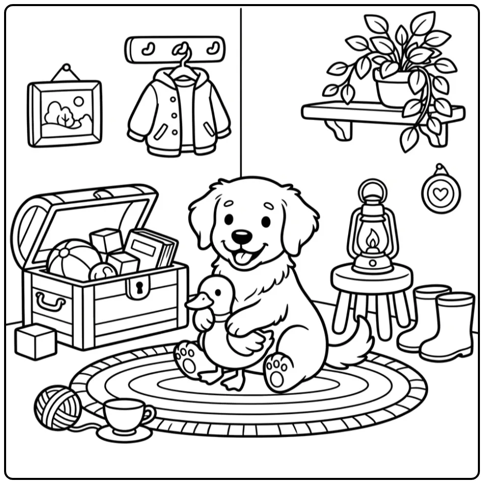 Cozy Frisian Stabyhoun with a Toy Box coloring page