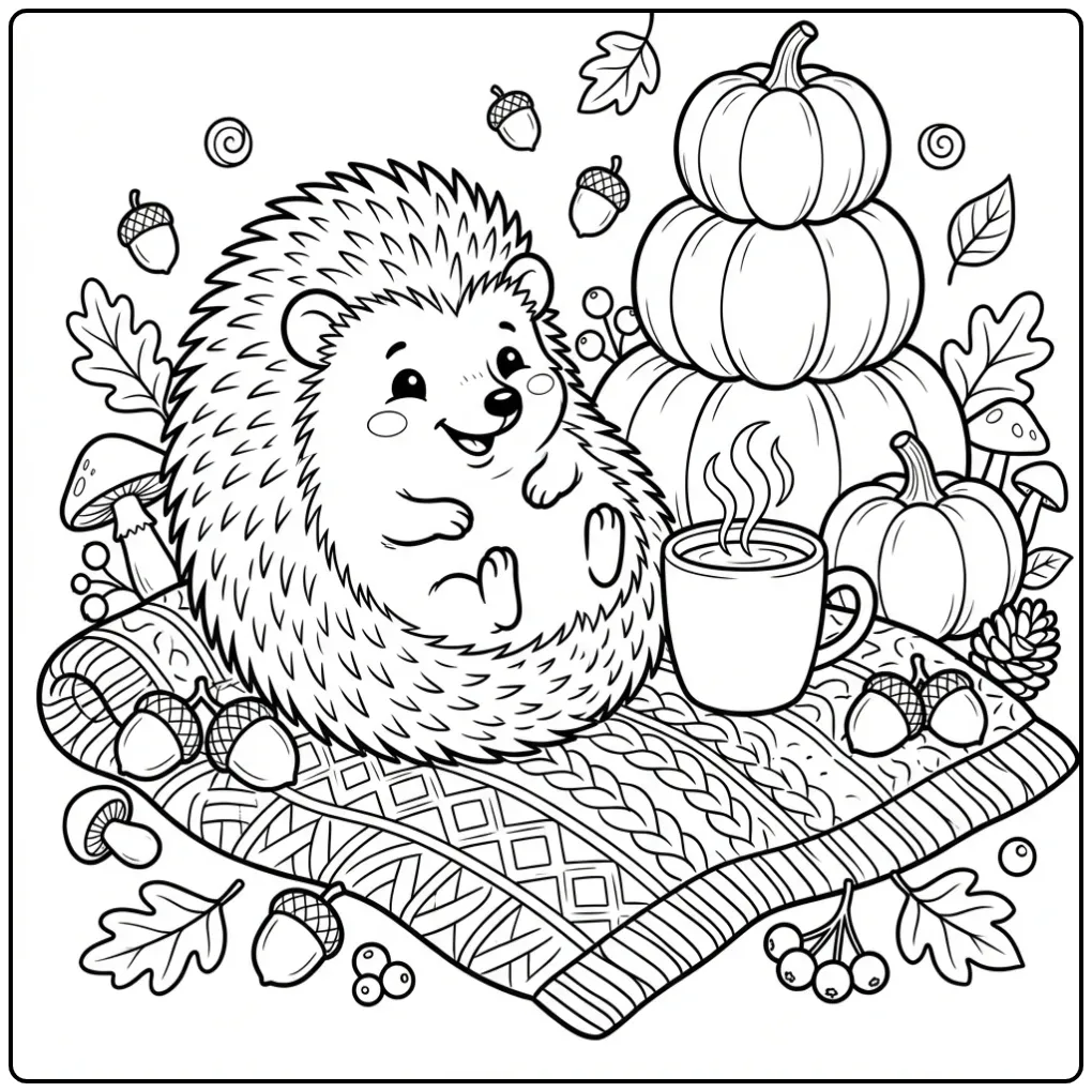 Autumn hedgehog coloring page with pumpkins and a mug