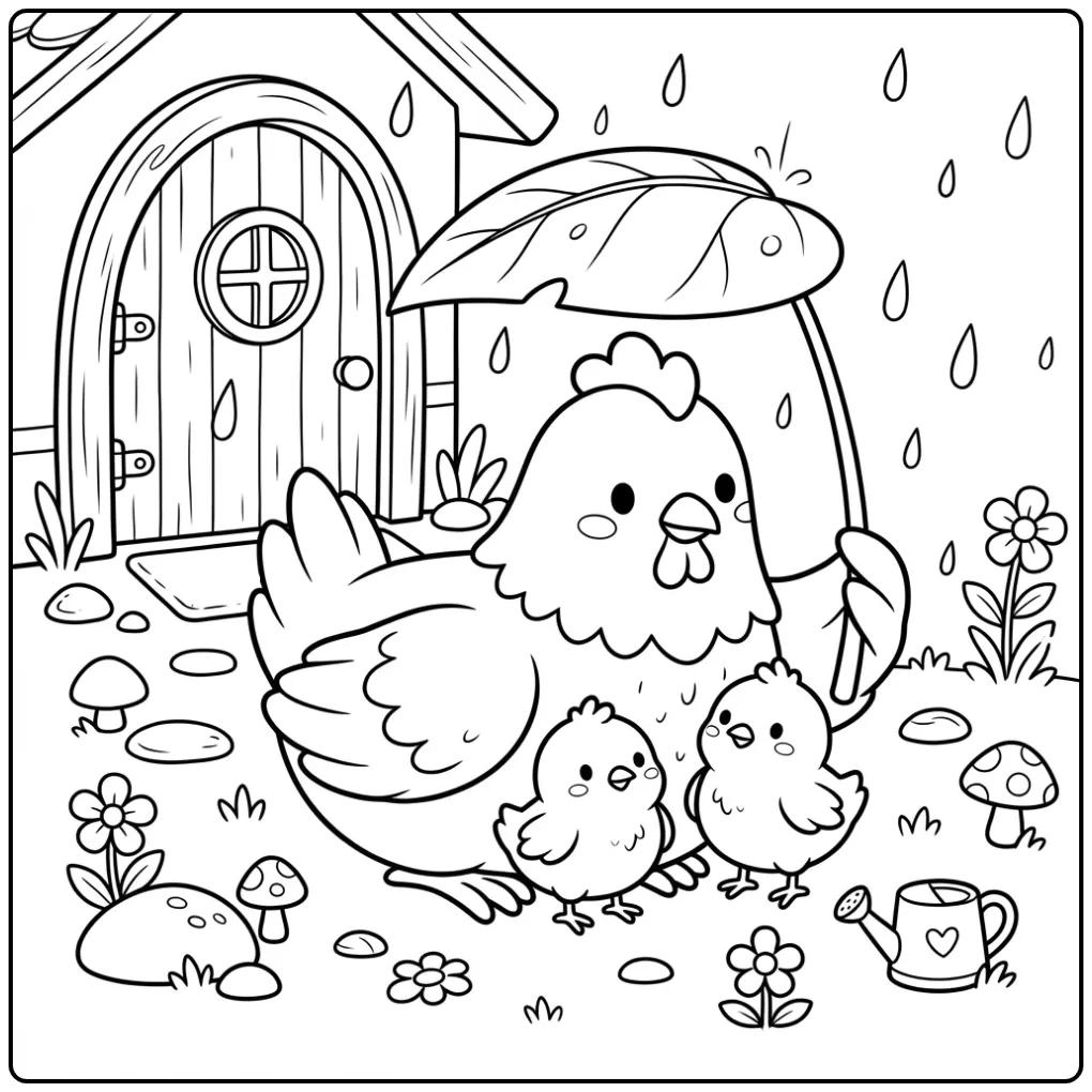 Hen with chicks coloring page sheltering under a leaf