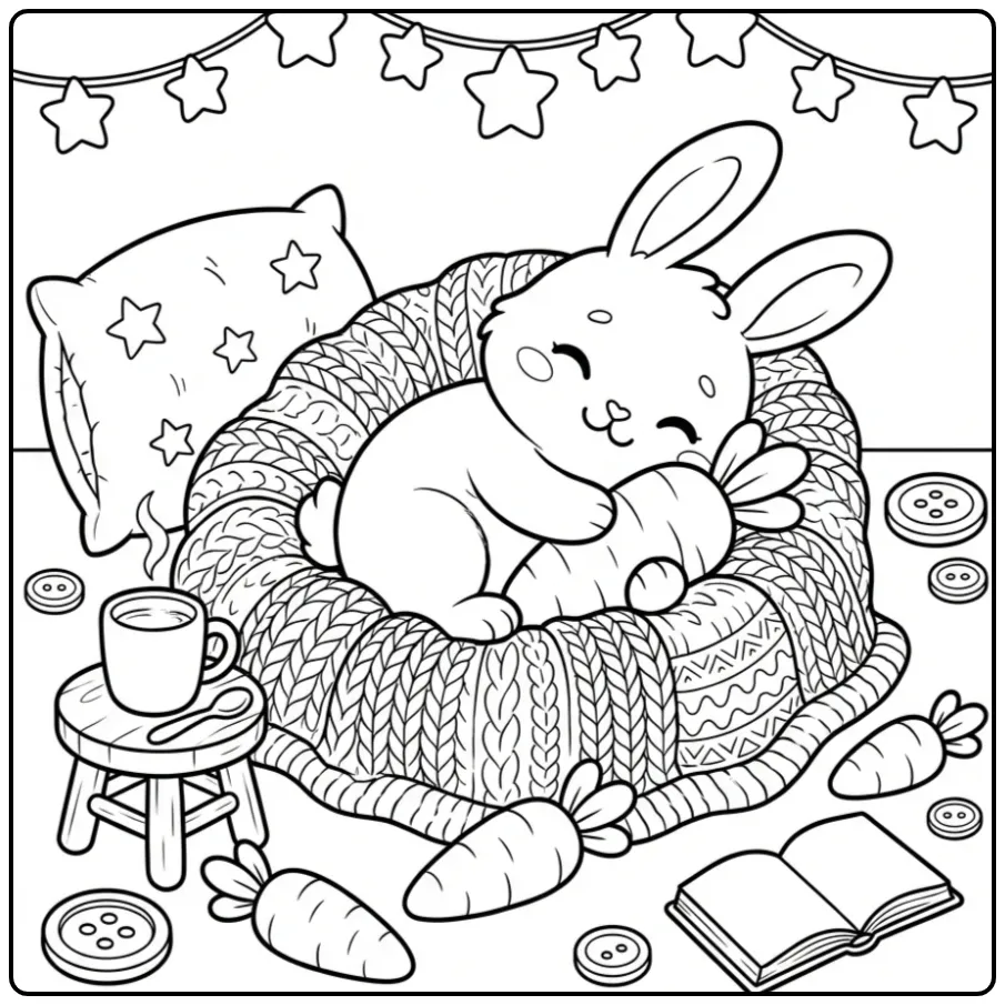 Cuddly rabbit coloring page with a soft carrot