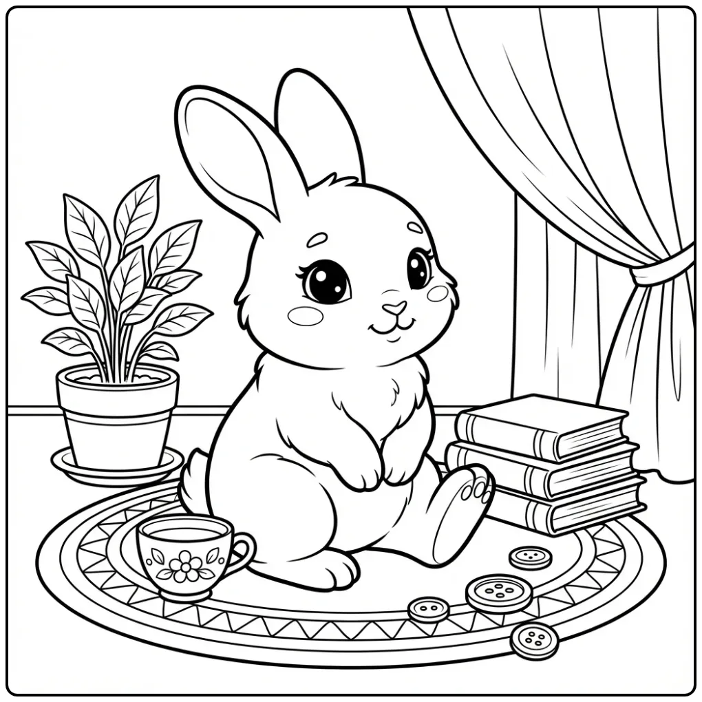 Rabbit coloring page with books and tea