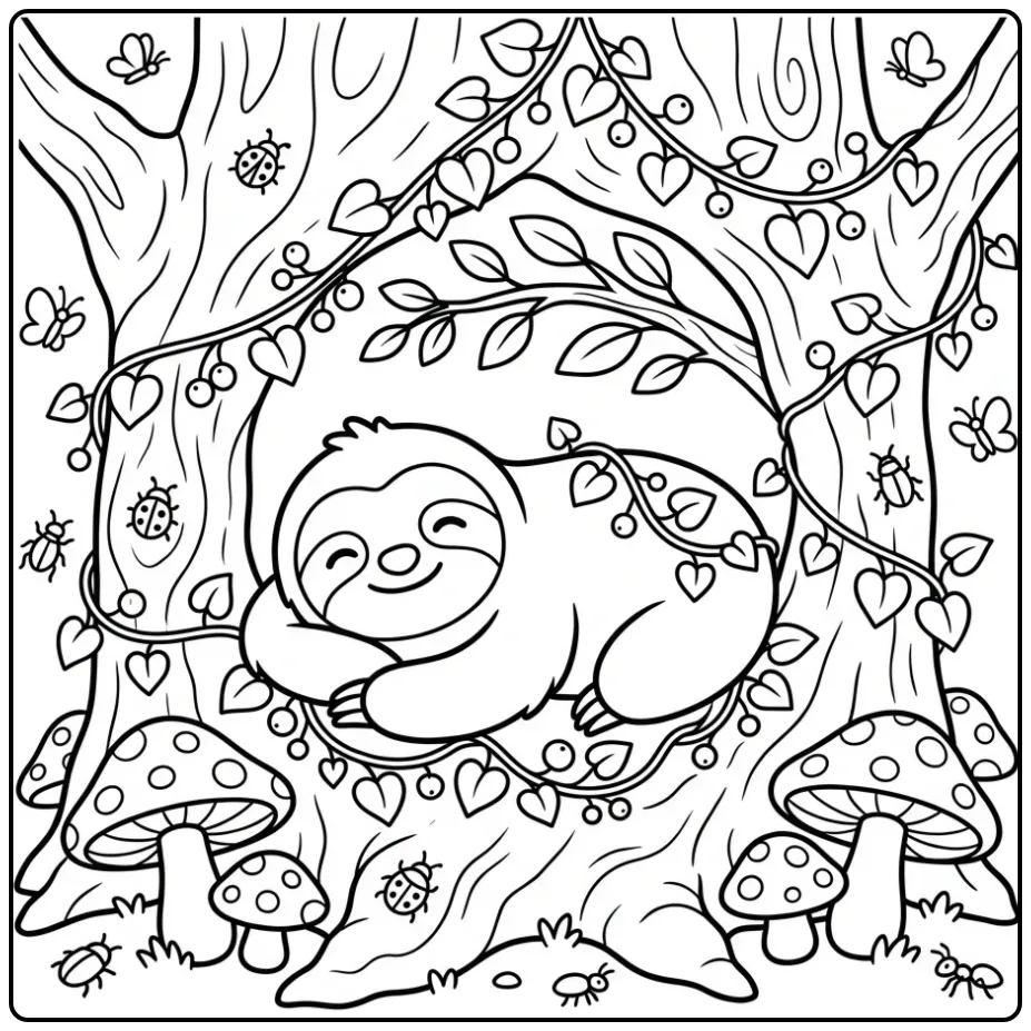 Cute sloth coloring page in a cozy tree home