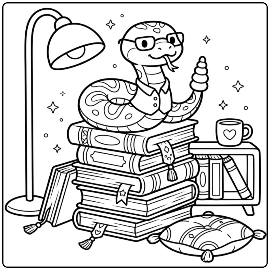 Rattlesnake coloring page reading on a stack of books