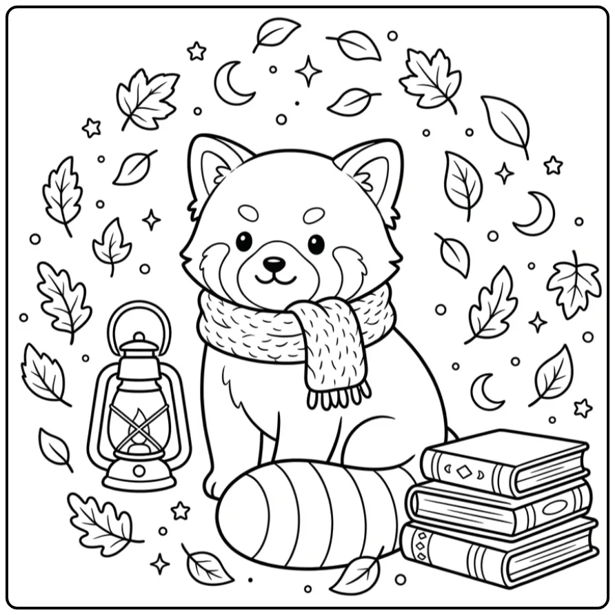 Cute red panda coloring page with a warm scarf