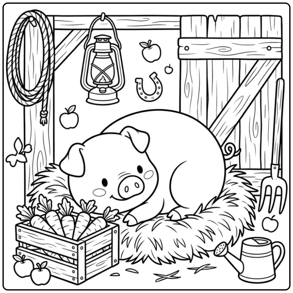 Pig coloring page sleeping in straw with carrots
