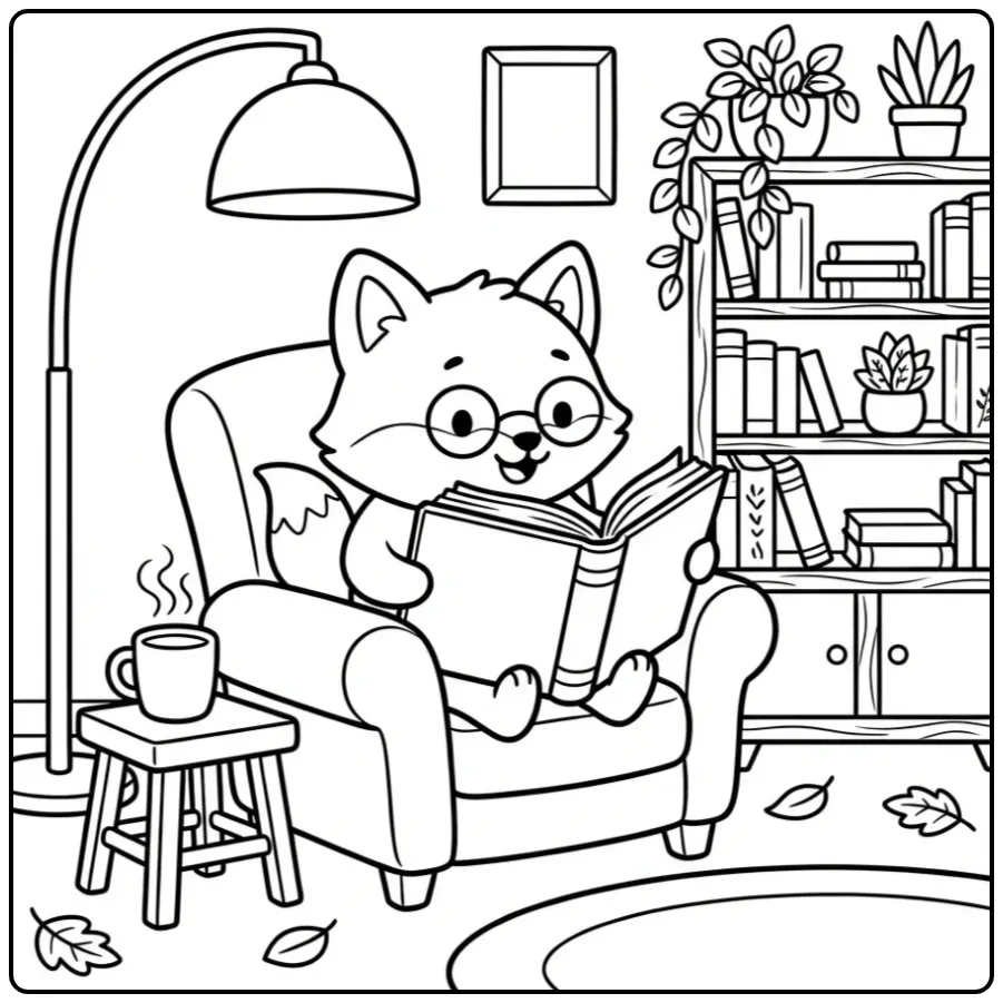 Fox coloring page reading in an armchair