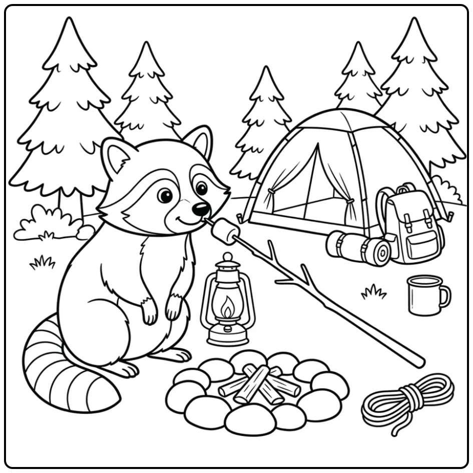 Raccoon coloring page by a campfire with marshmallows