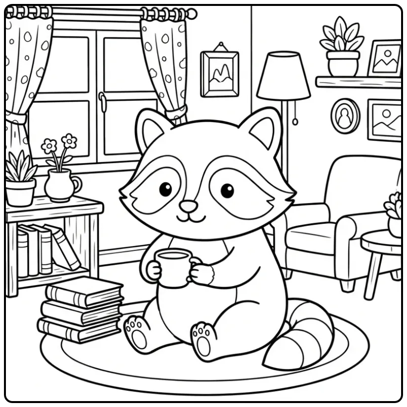 Cute raccoon coloring page in a cozy cabin