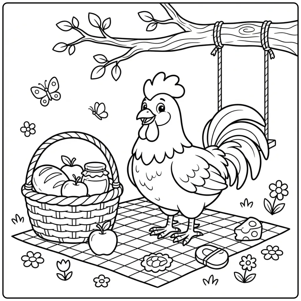 Rooster coloring page at a picnic with a basket and apples