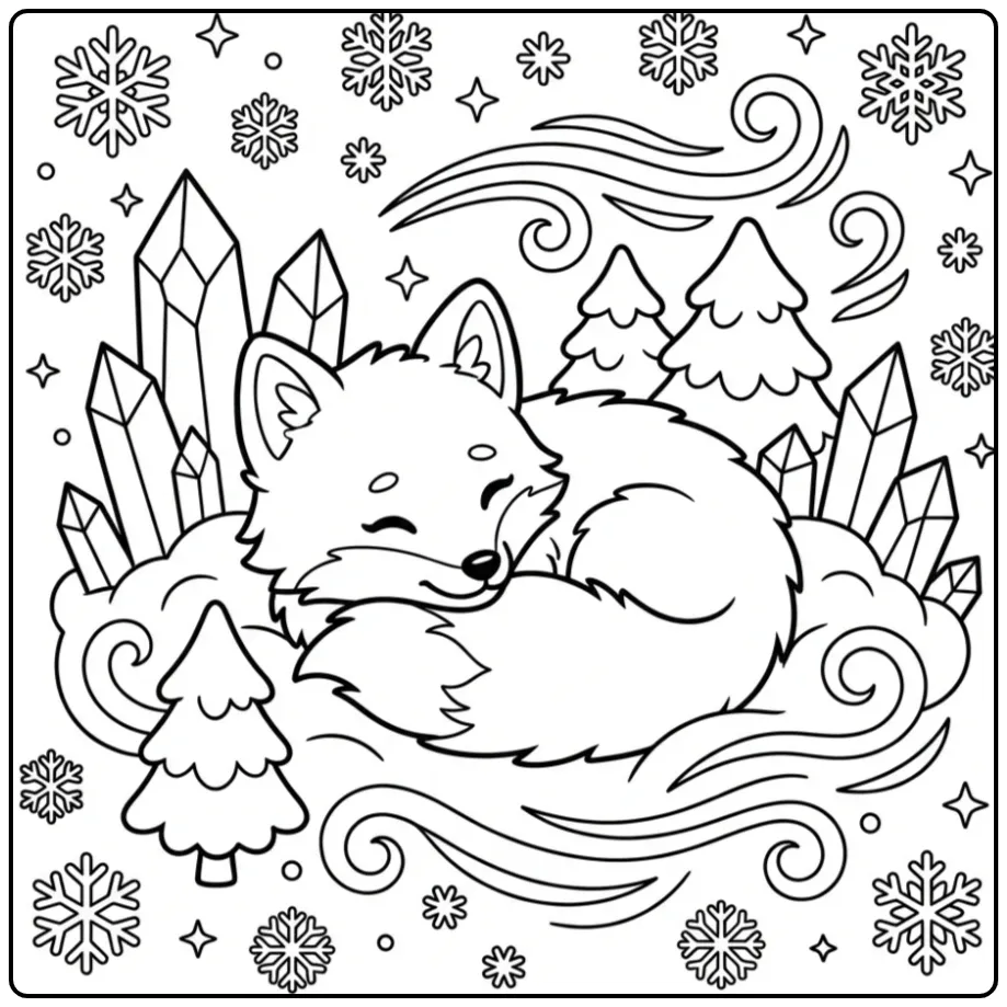 Arctic fox coloring page sleeping in the snow