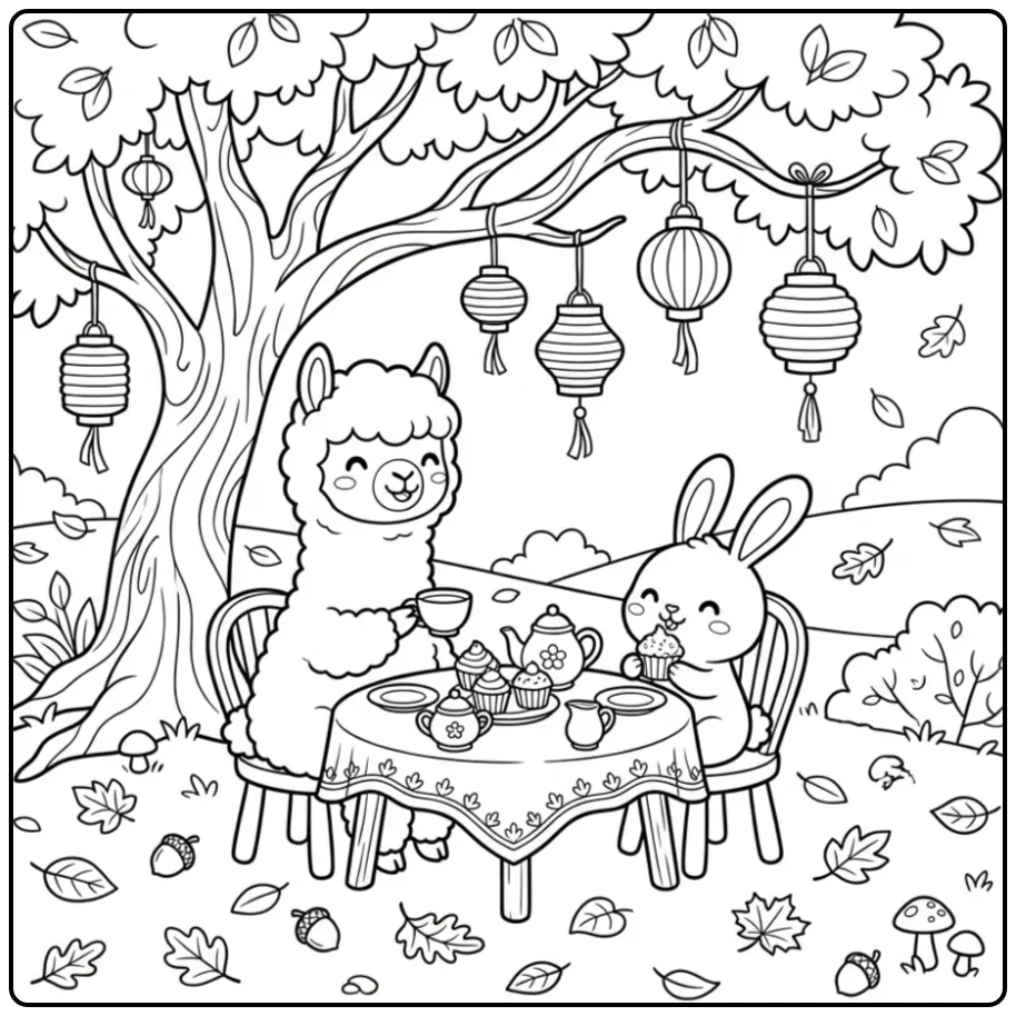 Alpaca and rabbit coloring page at a tea party